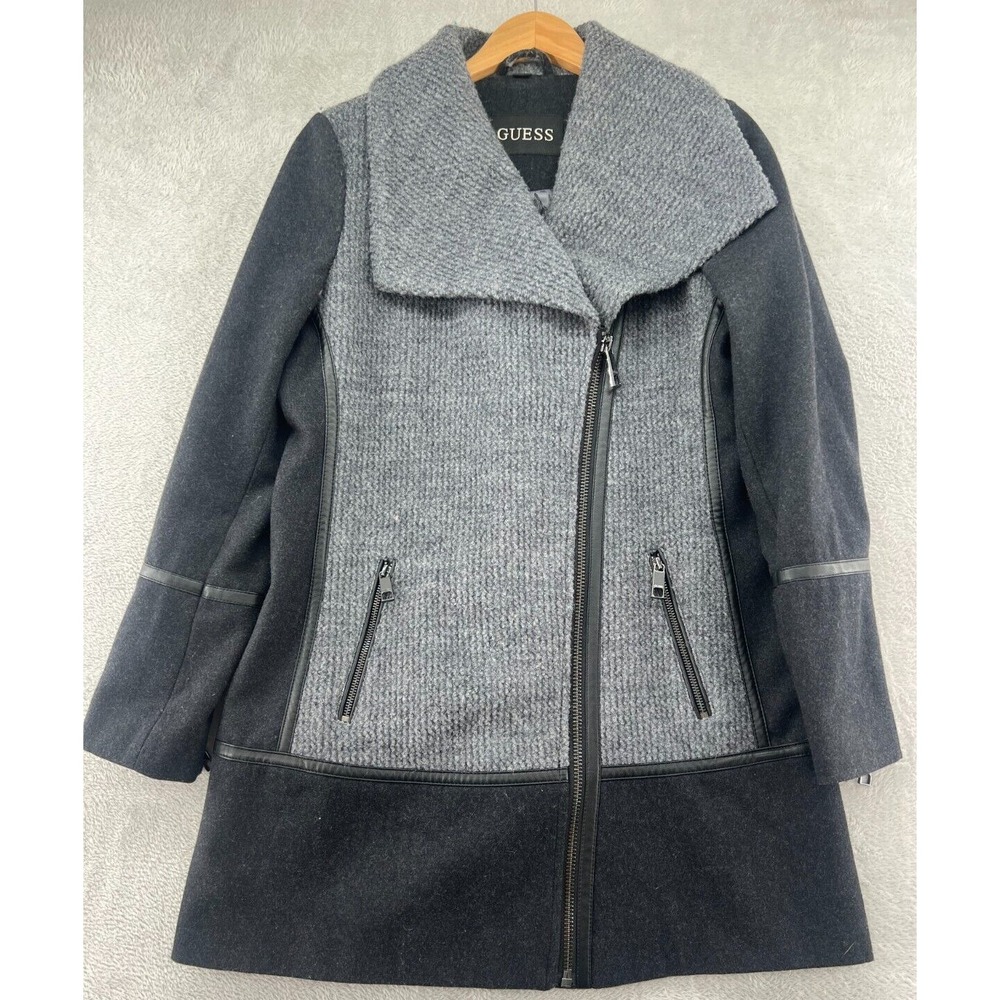 Guess Coat Women's Medium Gray Wool Blend Asymmetrical Zip Faux Leather Trim